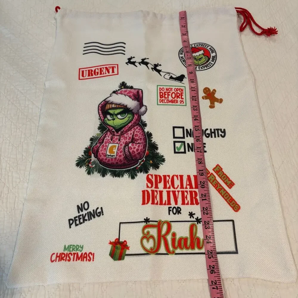 THE GRINCH Christmas Gift Bag Tote White Sz L Comical Fun Cartoonish Holiday